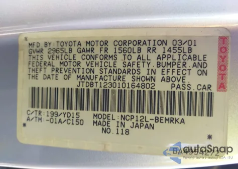 2001 Toyota Echo z USA, uszkodzony, nr VIN JTDBT123010164802